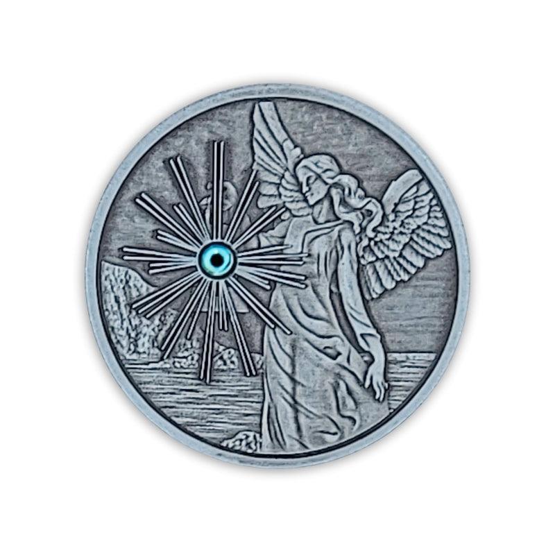 Pewter Guardian Angel With Aqua Gemstone - The Token Shop