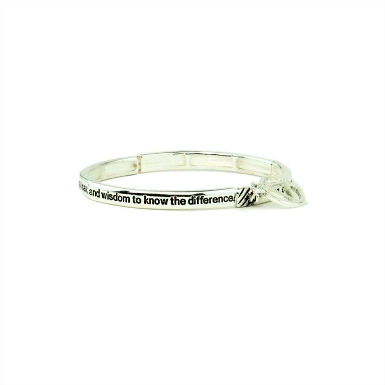 Serenity Prayer Metal Stretch Bracelet with AA Charm - Silver Tone - The Token Shop