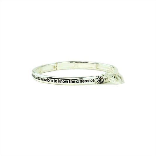 Serenity Prayer Metal Stretch Bracelet with AA Charm - Silver Tone - The Token Shop